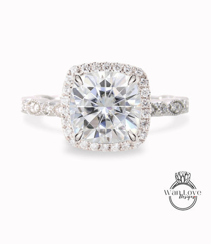 Anello di fidanzamento Moissanite, Cuscino Halo Diamond Moissanite Anello, Anello di fidanzamento Moissanite con diamanti, Banda smerlata a foglia Milgrain