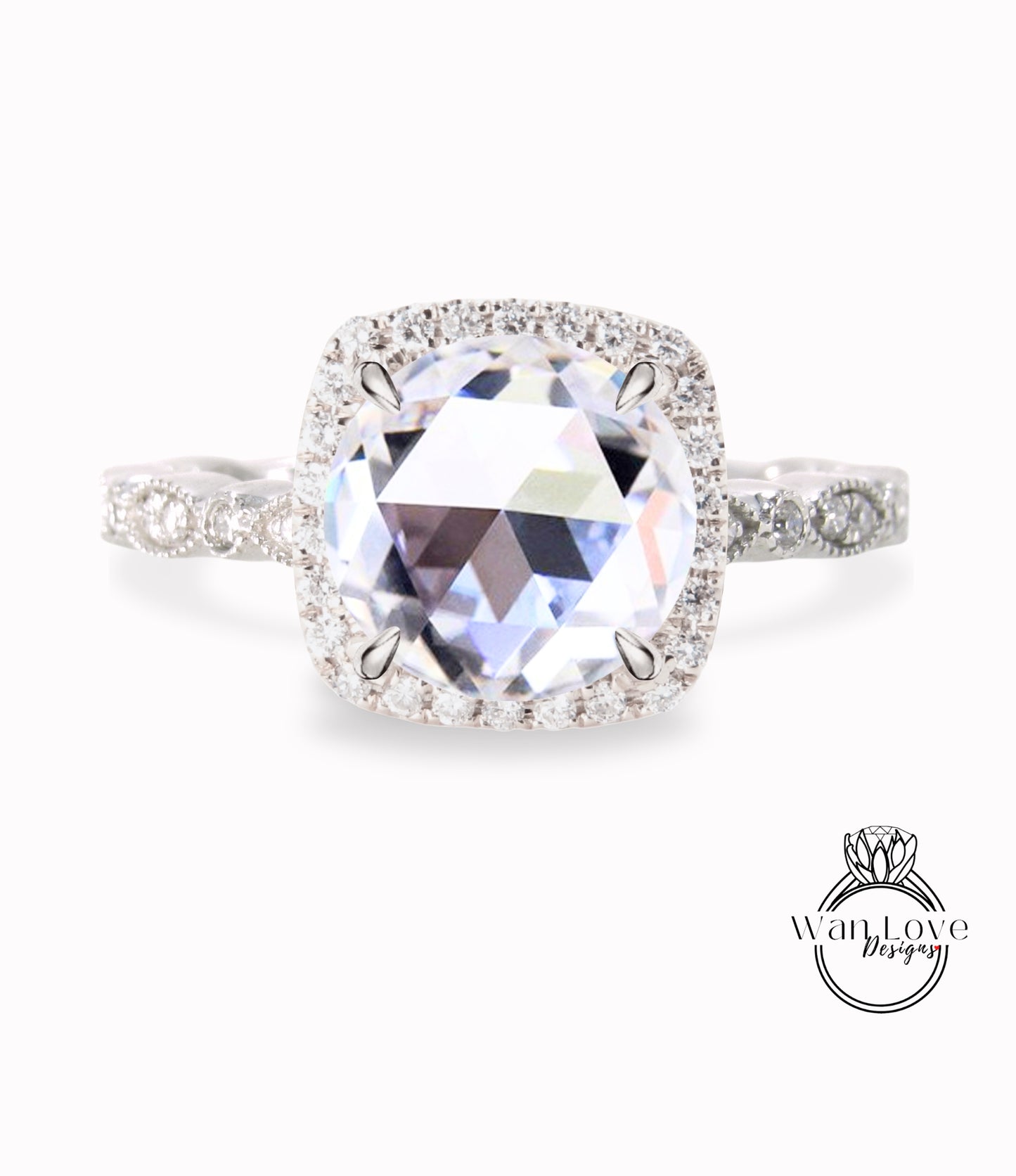 Anello Halo con diamante Moissanite taglio rosa Anello con diamante rotondo Halo Anello di fidanzamento Anello Art Déco in oro rosa vintage Halo Anello da sposa antico