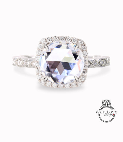 Anello Halo con diamante Moissanite taglio rosa Anello con diamante rotondo Halo Anello di fidanzamento Anello Art Déco in oro rosa vintage Halo Anello da sposa antico