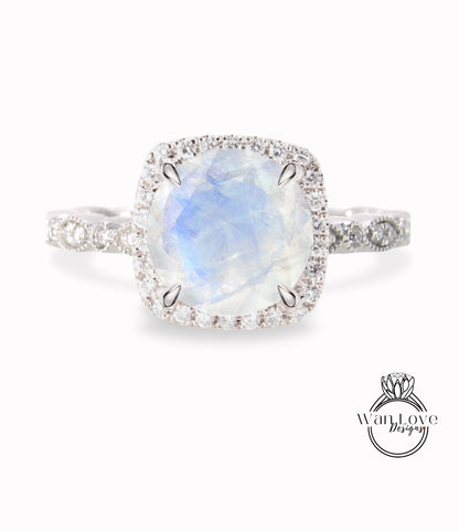 Anello di fidanzamento con pietra di luna, Anello con pietra di luna con diamante Halo cuscino, Anello di fidanzamento con pietra di luna blu arcobaleno, Banda smerlata con foglia Milgrain