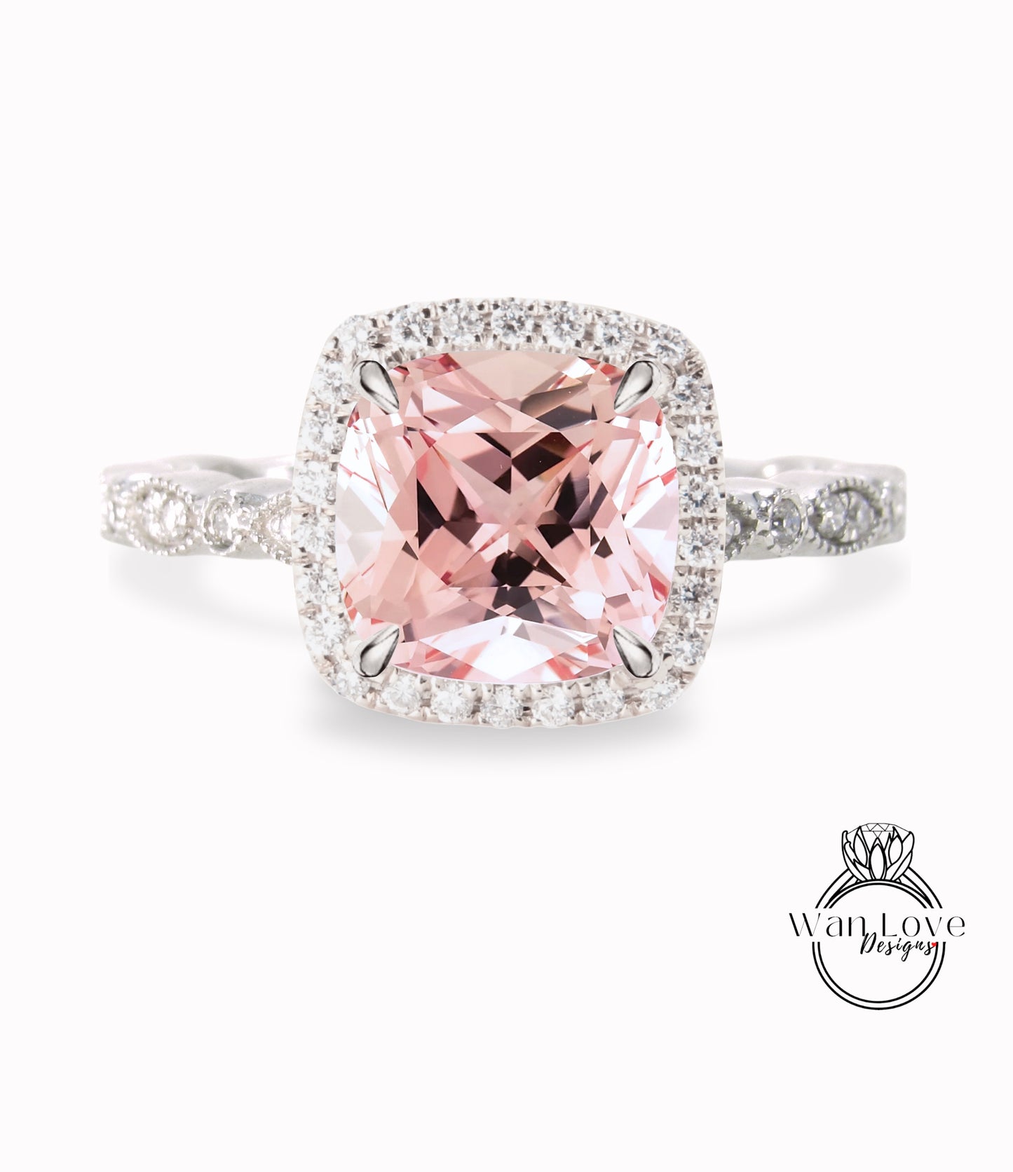 Peach Sapphire & Diamond Cushion Halo Engagement Ring, Antique style Milgrain Leaf Rose White Gold ring Custom, Bridal Wedding ring, Anniversary Gift