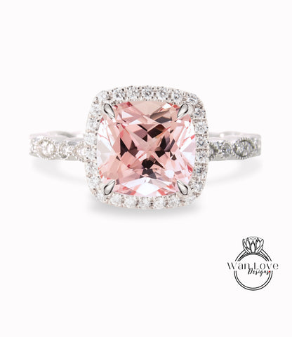 Peach Sapphire & Diamond Cushion Halo Engagement Ring, Antique style Milgrain Leaf Rose White Gold ring Custom, Bridal Wedding ring, Anniversary Gift