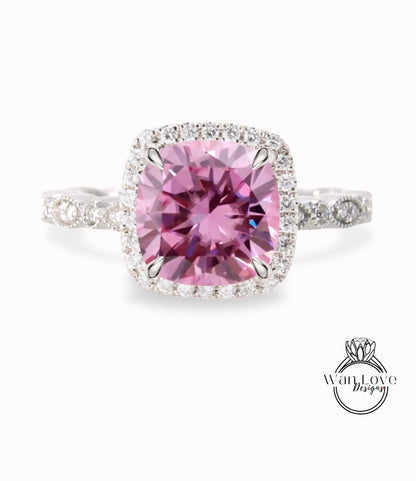 Anello di fidanzamento in moissanite rosa, anello in moissanite con diamante Halo cuscino, anello di fidanzamento in diamante rosa, fascia smerlata con foglie Milgrain