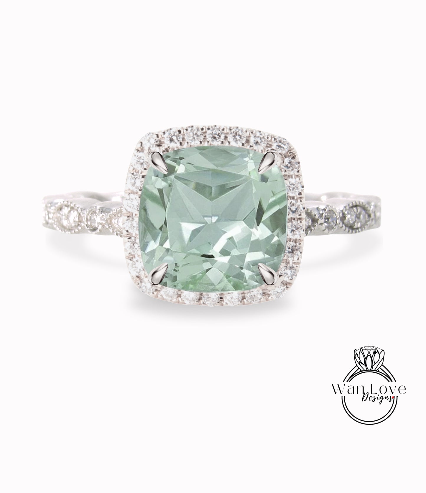 Anello di fidanzamento con ametista verde Prasiolite, Anello con diamante Halo cuscino, Anello con diamante di fidanzamento con ametista verde, Fascia smerlata con foglia Milgrain