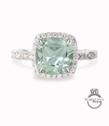 Anello di fidanzamento con ametista verde Prasiolite, Anello con diamante Halo cuscino, Anello con diamante di fidanzamento con ametista verde, Fascia smerlata con foglia Milgrain
