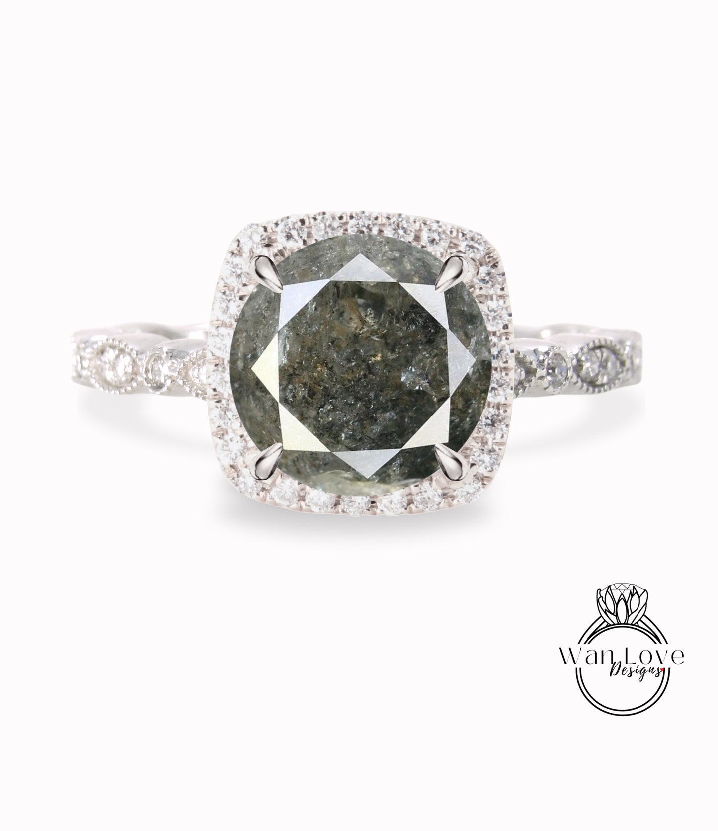 Salt & Pepper Diamond Cushion Halo Engagement Ring, Antique style Milgrain Leaf Rose White Gold ring Custom, Bridal Wedding ring, Anniversary Gift