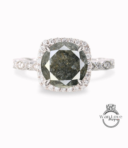 Salt & Pepper Diamond Cushion Halo Engagement Ring, Antique style Milgrain Leaf Rose White Gold ring Custom, Bridal Wedding ring, Anniversary Gift