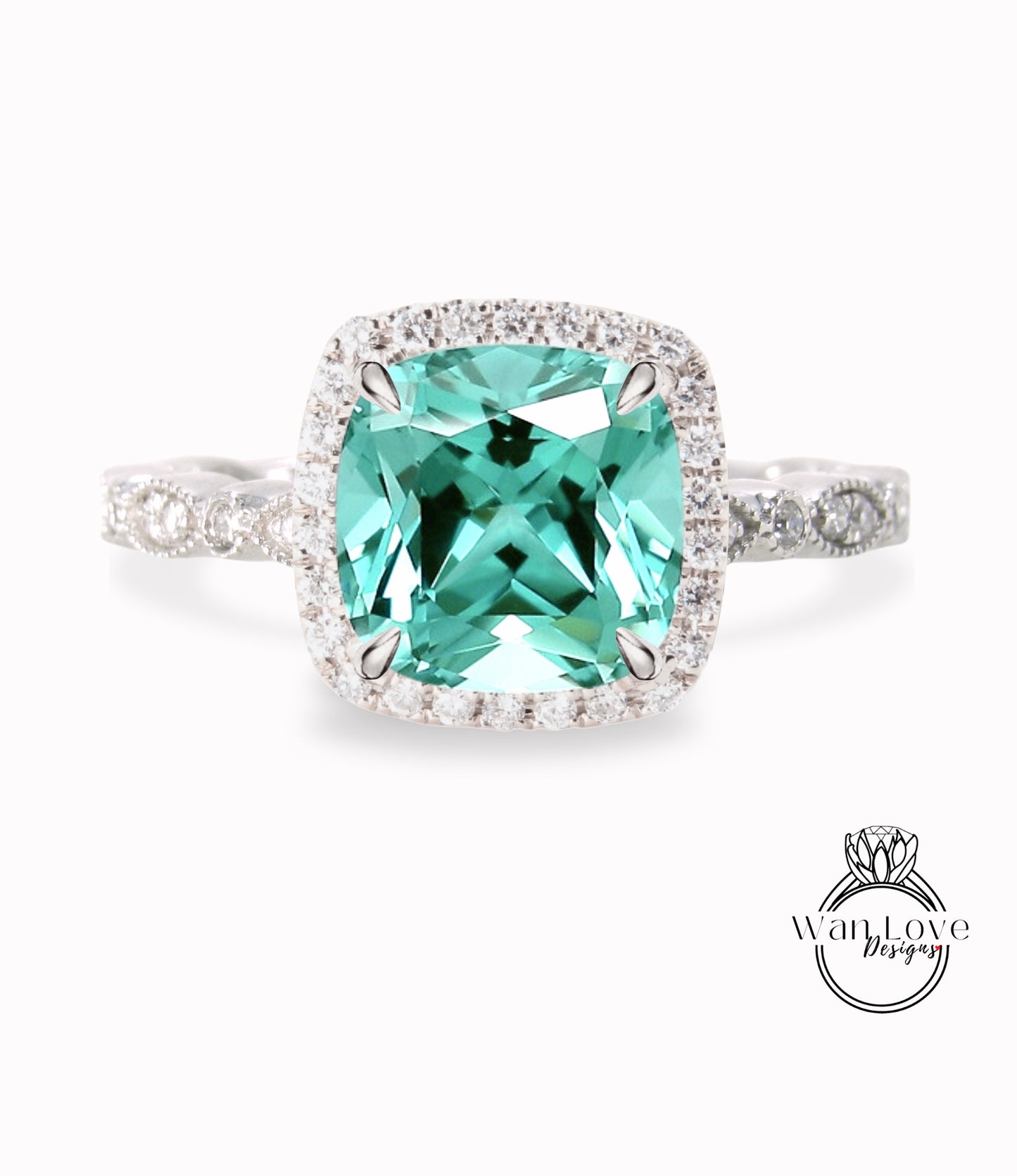 Teal Spinel & Diamond Cushion Halo Engagement Ring, Antique style Milgrain Leaf Rose White Gold ring Custom, Bridal Wedding ring, Anniversary Gift