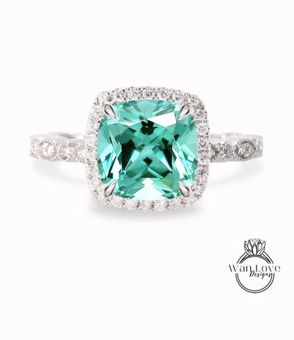 Teal Spinel & Diamond Cushion Halo Engagement Ring, Antique style Milgrain Leaf Rose White Gold ring Custom, Bridal Wedding ring, Anniversary Gift