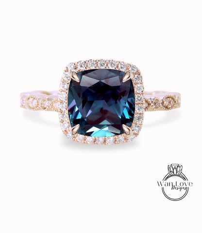 Alexandrite & Diamond Cushion Halo Engagement Ring, Antique style Milgrain Leaf Rose White Gold ring Custom, Bridal Wedding ring, Anniversary Gift