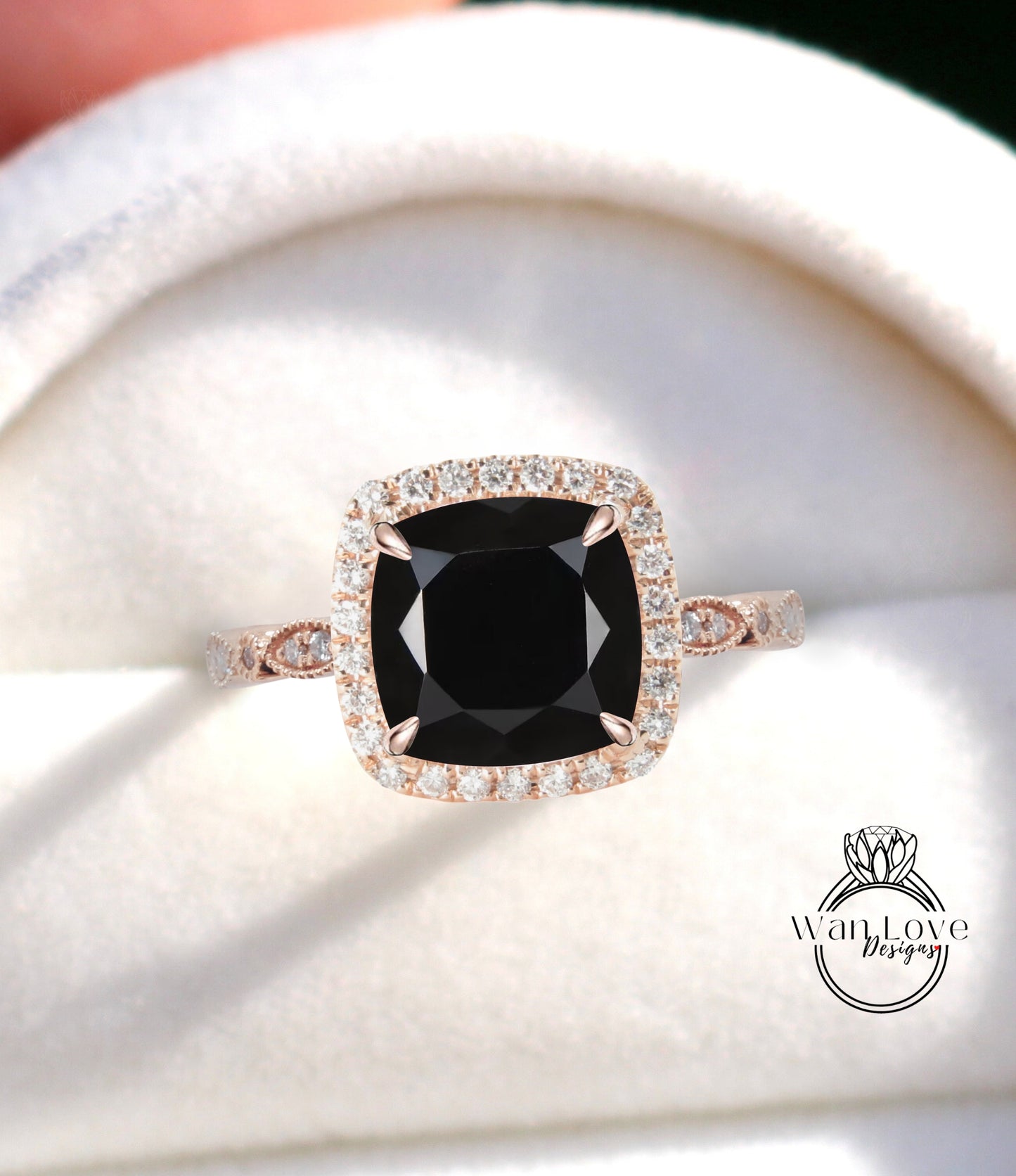 Black Spinel & Diamond Cushion Halo Engagement Ring, Antique style Milgrain Leaf Rose White Gold ring Custom, Bridal Wedding ring, Anniversary Gift