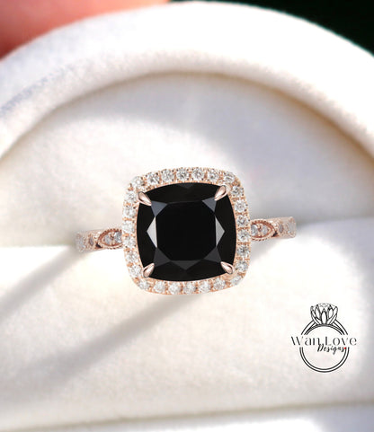 Black Spinel & Diamond Cushion Halo Engagement Ring, Antique style Milgrain Leaf Rose White Gold ring Custom, Bridal Wedding ring, Anniversary Gift