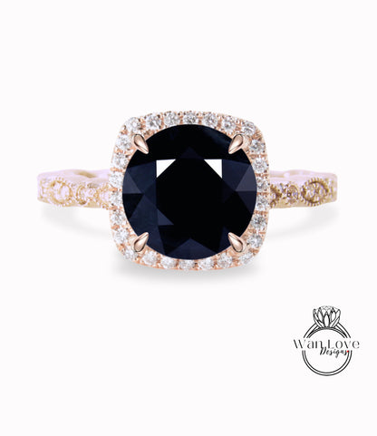 Anello di fidanzamento rotondo con zaffiro blu scuro naturale e diamanti, Halo, 1,5 ct, 7 mm, oro rosa giallo bianco 14 kt 18 kt, platino, matrimonio personalizzato