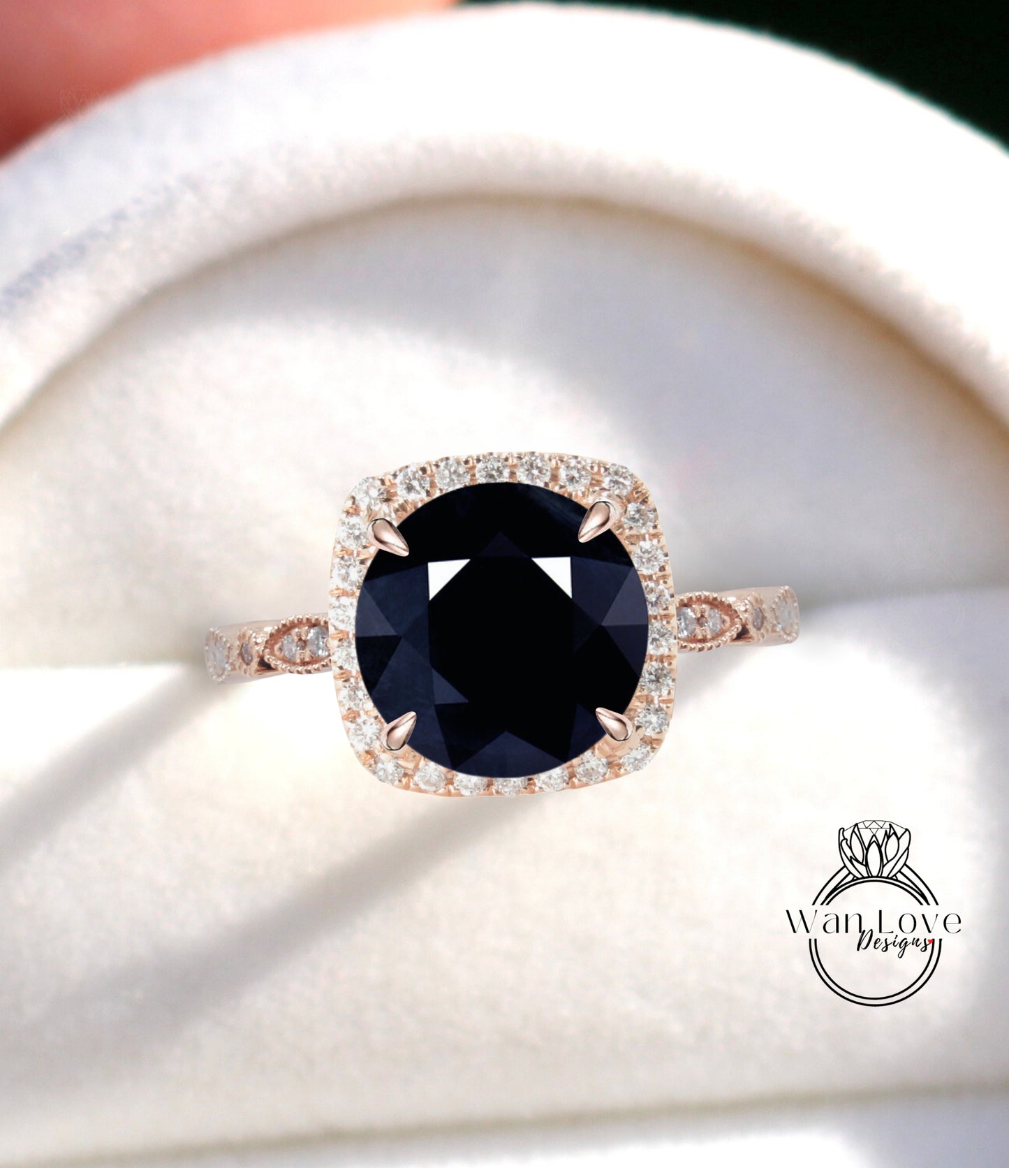 Anello di fidanzamento rotondo con zaffiro blu scuro naturale e diamanti, Halo, 1,5 ct, 7 mm, oro rosa giallo bianco 14 kt 18 kt, platino, matrimonio personalizzato