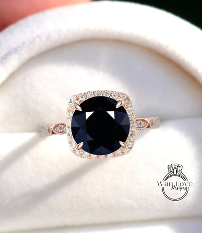 Anello di fidanzamento rotondo con zaffiro blu scuro naturale e diamanti, Halo, 1,5 ct, 7 mm, oro rosa giallo bianco 14 kt 18 kt, platino, matrimonio personalizzato