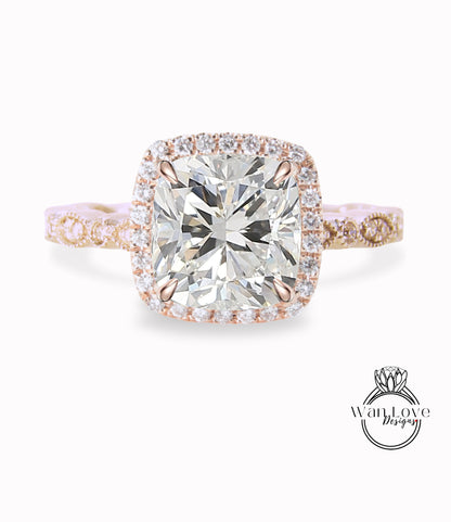 Vintage Diamond engagement ring Cushion diamond halo milgrain ring round diamond white gold diamond ring wedding ring Anniversary Gift