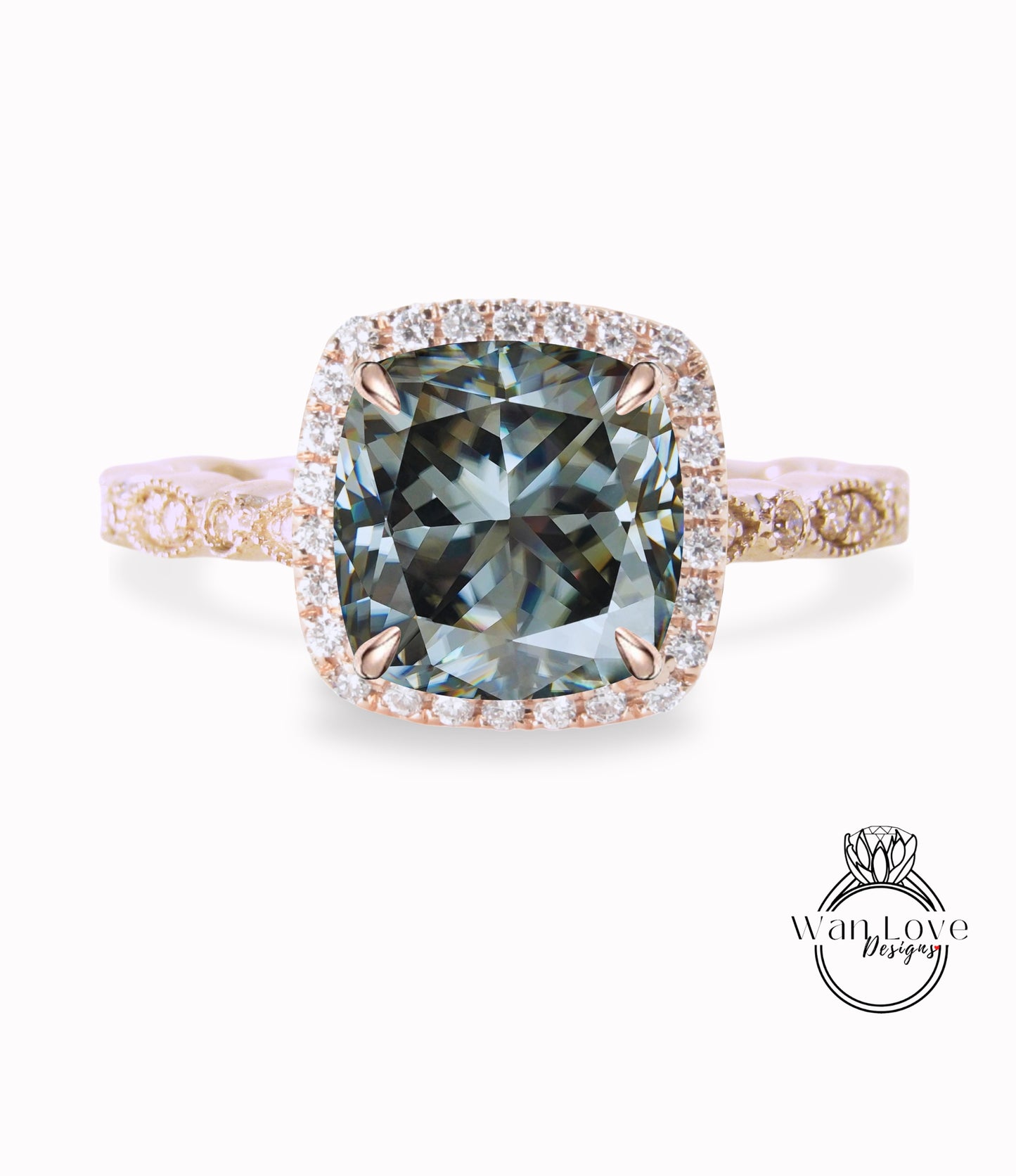 Anello di fidanzamento con Moissanite grigio, Anello Moissanite con diamante Halo cuscino, Anello con diamante di fidanzamento grigio, Banda smerlata con foglie Milgrain