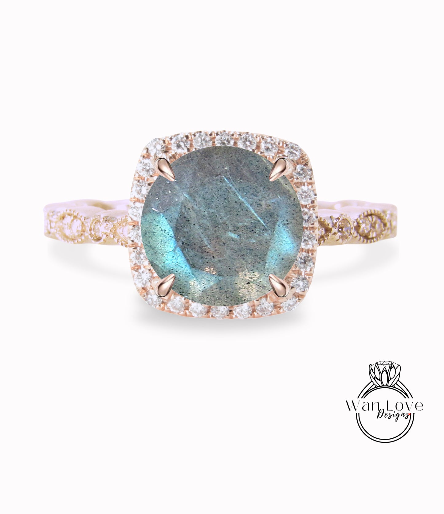 Labradorite & Diamond Cushion Halo Engagement Ring, Antique style Milgrain Leaf Rose White Gold ring Custom, Bridal Wedding ring, Anniversary Gift