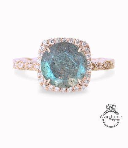 Labradorite & Diamond Cushion Halo Engagement Ring, Antique style Milgrain Leaf Rose White Gold ring Custom, Bridal Wedding ring, Anniversary Gift