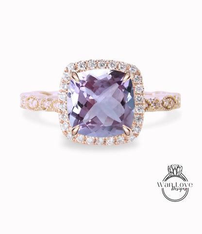Anello di fidanzamento con ametista lavanda, anello con diamante Halo cuscino, anello con diamante di fidanzamento con ametista, fascia smerlata a foglia Milgrain