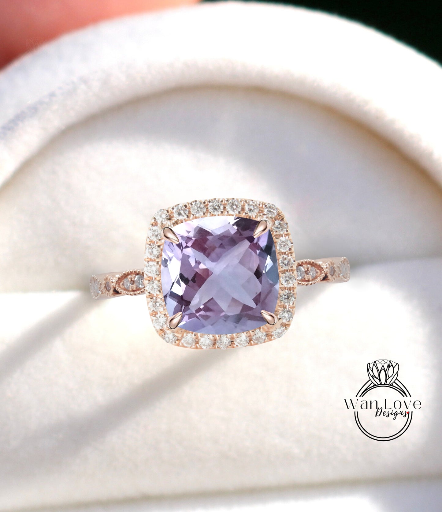 Anello di fidanzamento con ametista lavanda, anello con diamante Halo cuscino, anello con diamante di fidanzamento con ametista, fascia smerlata a foglia Milgrain