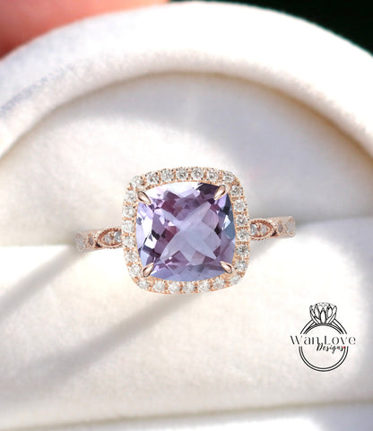 Anello di fidanzamento con ametista lavanda, anello con diamante Halo cuscino, anello con diamante di fidanzamento con ametista, fascia smerlata a foglia Milgrain