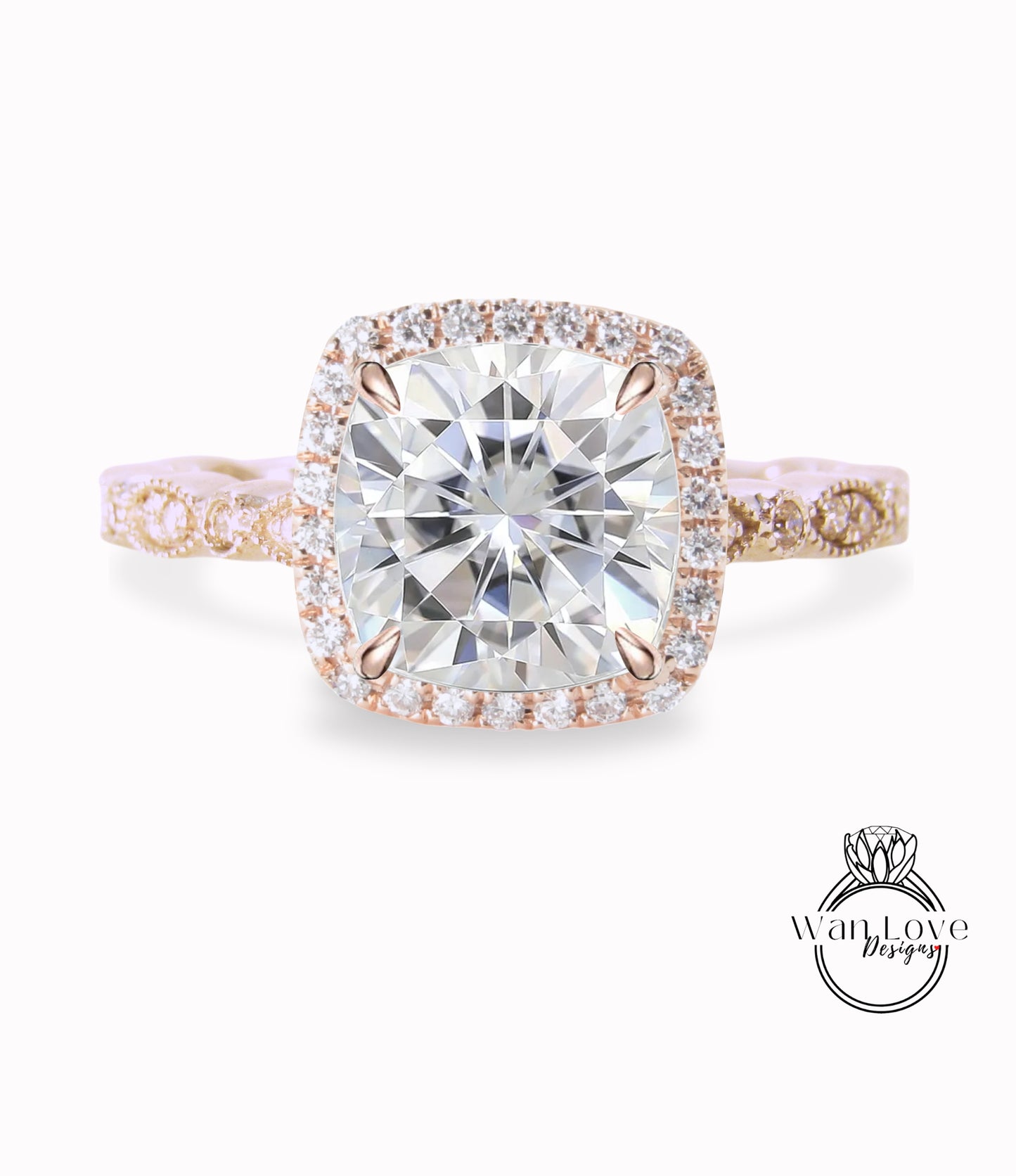 Anello di fidanzamento Moissanite, Cuscino Halo Diamond Moissanite Anello, Anello di fidanzamento Moissanite con diamanti, Banda smerlata a foglia Milgrain