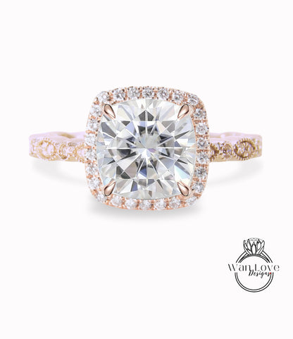 Anello di fidanzamento Moissanite, Cuscino Halo Diamond Moissanite Anello, Anello di fidanzamento Moissanite con diamanti, Banda smerlata a foglia Milgrain