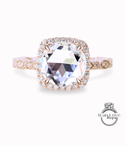 Anello Halo con diamante Moissanite taglio rosa Anello con diamante rotondo Halo Anello di fidanzamento Anello Art Déco in oro rosa vintage Halo Anello da sposa antico