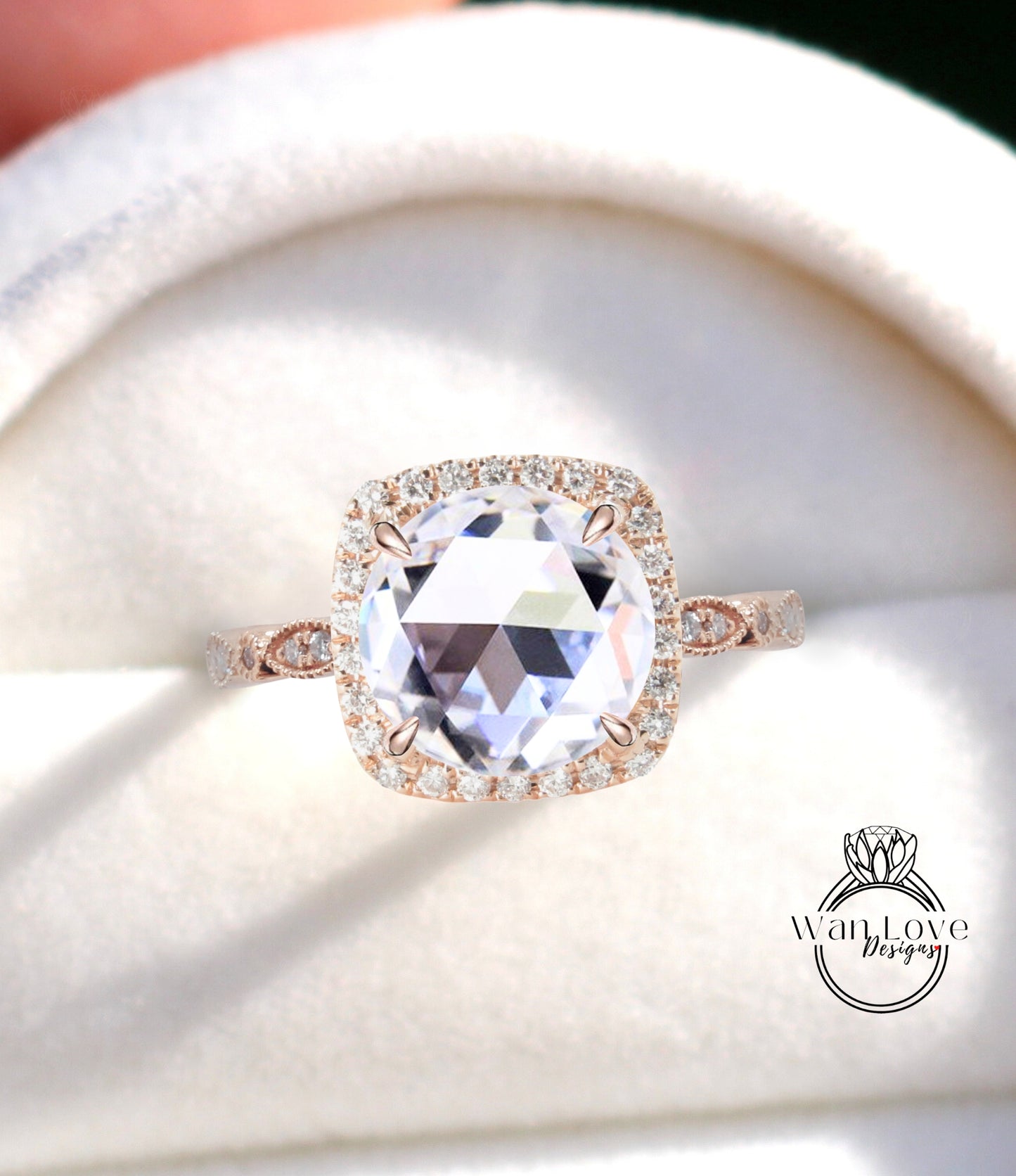 Anello Halo con diamante Moissanite taglio rosa Anello con diamante rotondo Halo Anello di fidanzamento Anello Art Déco in oro rosa vintage Halo Anello da sposa antico