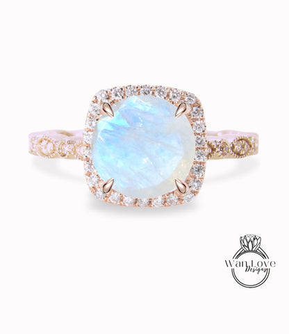 Anello di fidanzamento con pietra di luna, Anello con pietra di luna con diamante Halo cuscino, Anello di fidanzamento con pietra di luna blu arcobaleno, Banda smerlata con foglia Milgrain