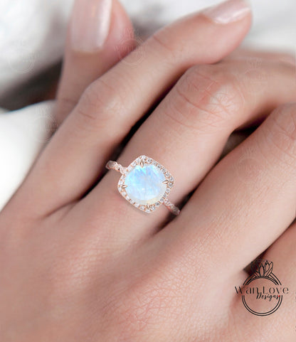 Anello di fidanzamento con pietra di luna, Anello con pietra di luna con diamante Halo cuscino, Anello di fidanzamento con pietra di luna blu arcobaleno, Banda smerlata con foglia Milgrain