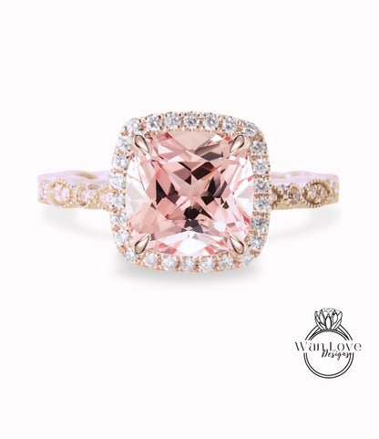 Peach Sapphire & Diamond Cushion Halo Engagement Ring, Antique style Milgrain Leaf Rose White Gold ring Custom, Bridal Wedding ring, Anniversary Gift