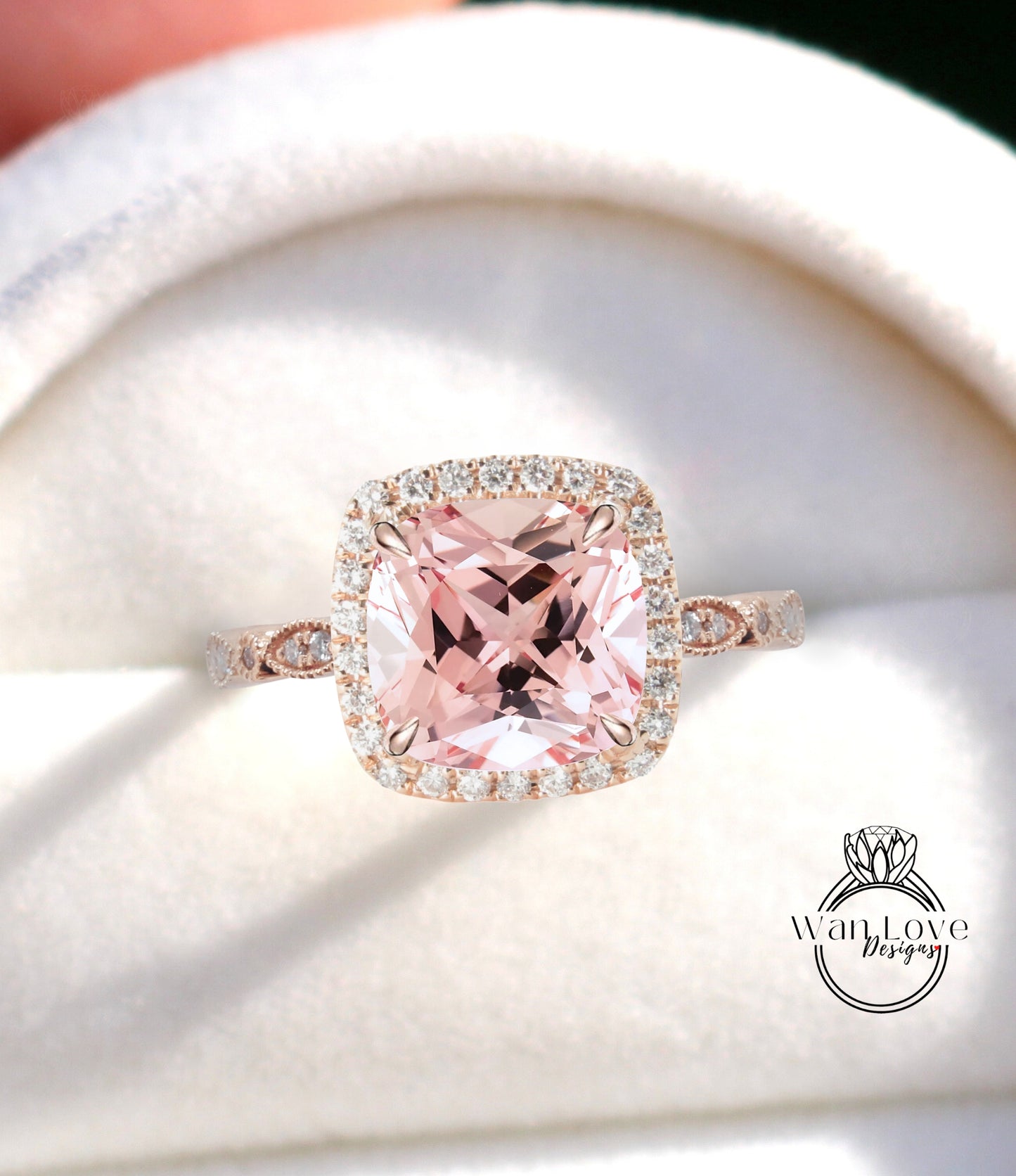 Peach Sapphire & Diamond Cushion Halo Engagement Ring, Antique style Milgrain Leaf Rose White Gold ring Custom, Bridal Wedding ring, Anniversary Gift
