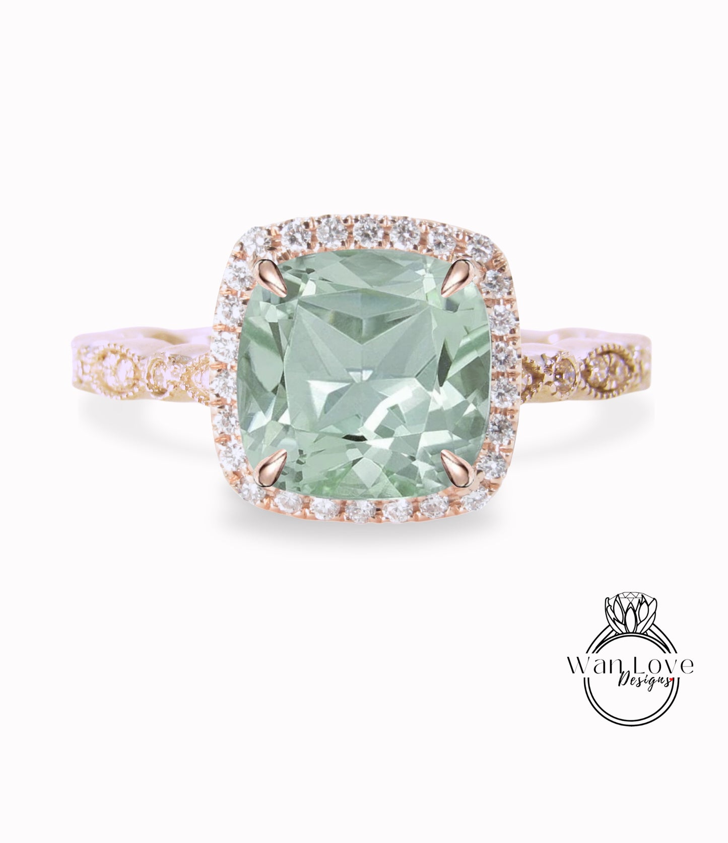 Anello di fidanzamento con ametista verde Prasiolite, Anello con diamante Halo cuscino, Anello con diamante di fidanzamento con ametista verde, Fascia smerlata con foglia Milgrain