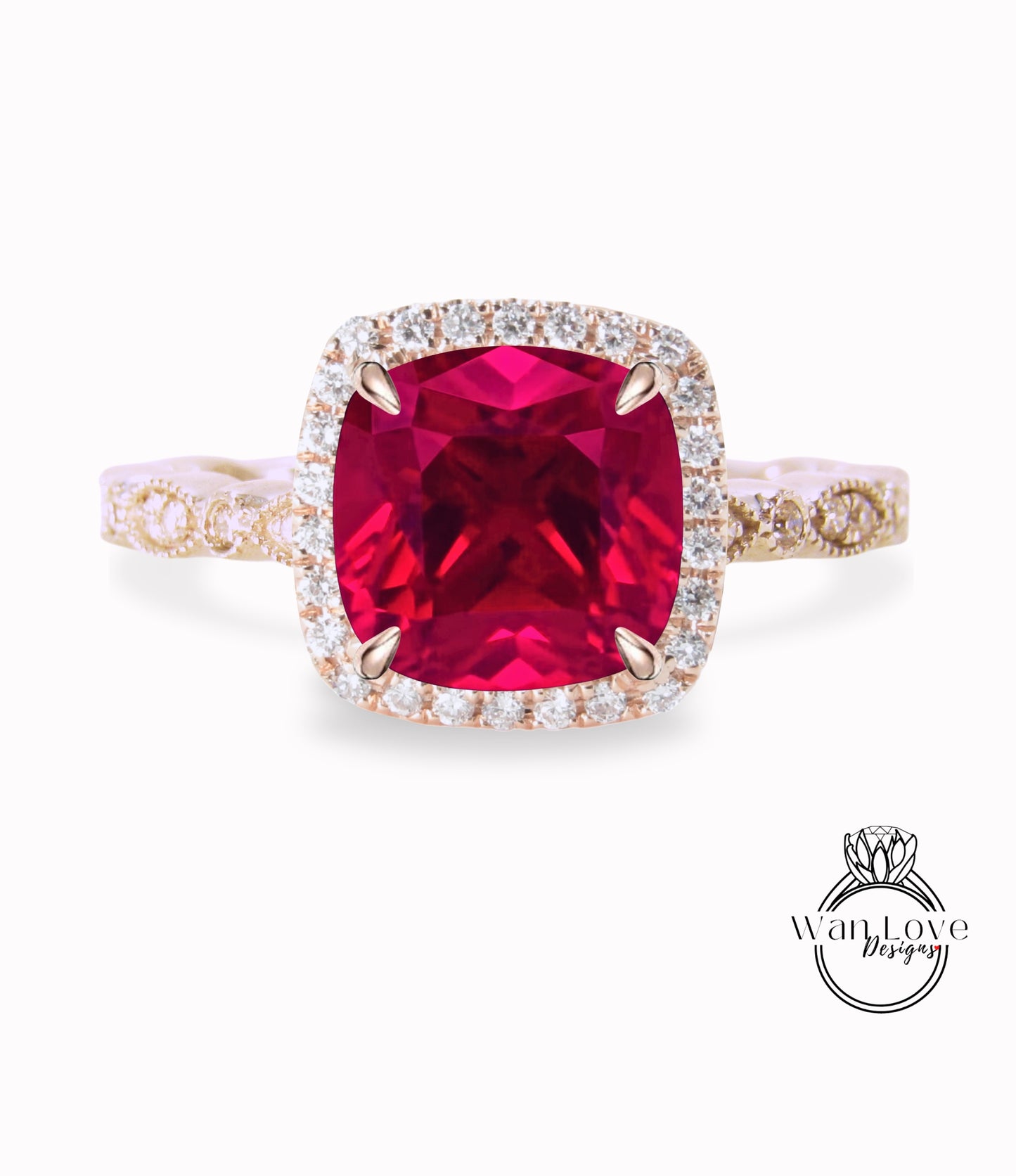 Ruby & Diamond Cushion Halo Engagement Ring, Antique style Milgrain Leaf Rose White Gold ring Custom, Bridal Wedding ring, Anniversary Gift