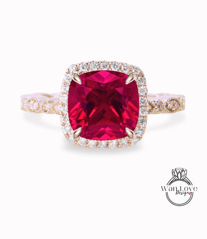 Ruby & Diamond Cushion Halo Engagement Ring, Antique style Milgrain Leaf Rose White Gold ring Custom, Bridal Wedding ring, Anniversary Gift