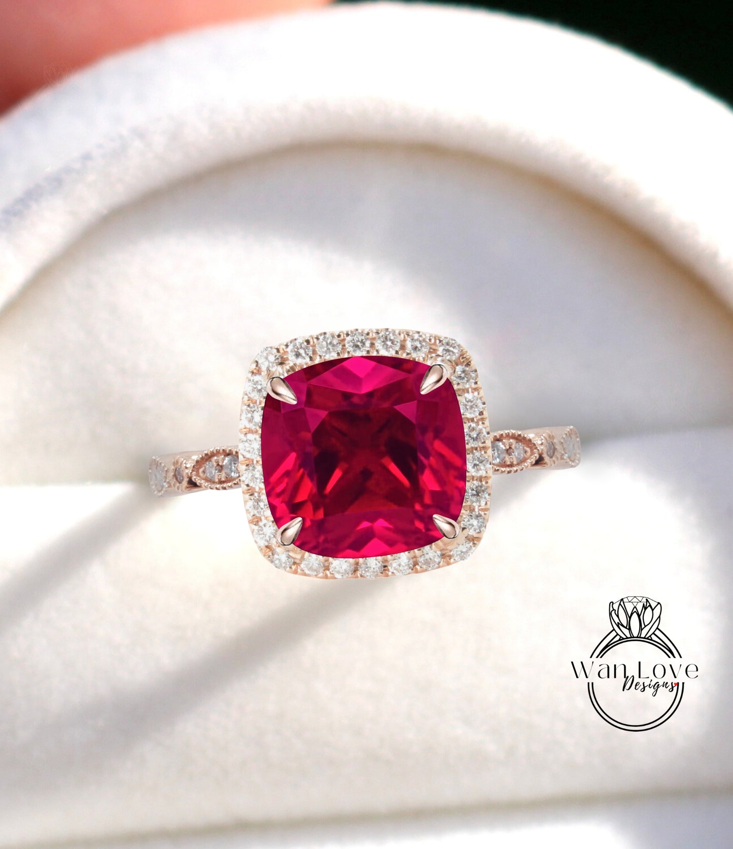 Ruby & Diamond Cushion Halo Engagement Ring, Antique style Milgrain Leaf Rose White Gold ring Custom, Bridal Wedding ring, Anniversary Gift