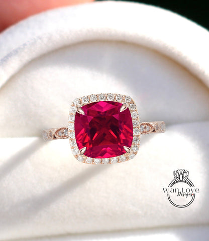 Ruby & Diamond Cushion Halo Engagement Ring, Antique style Milgrain Leaf Rose White Gold ring Custom, Bridal Wedding ring, Anniversary Gift