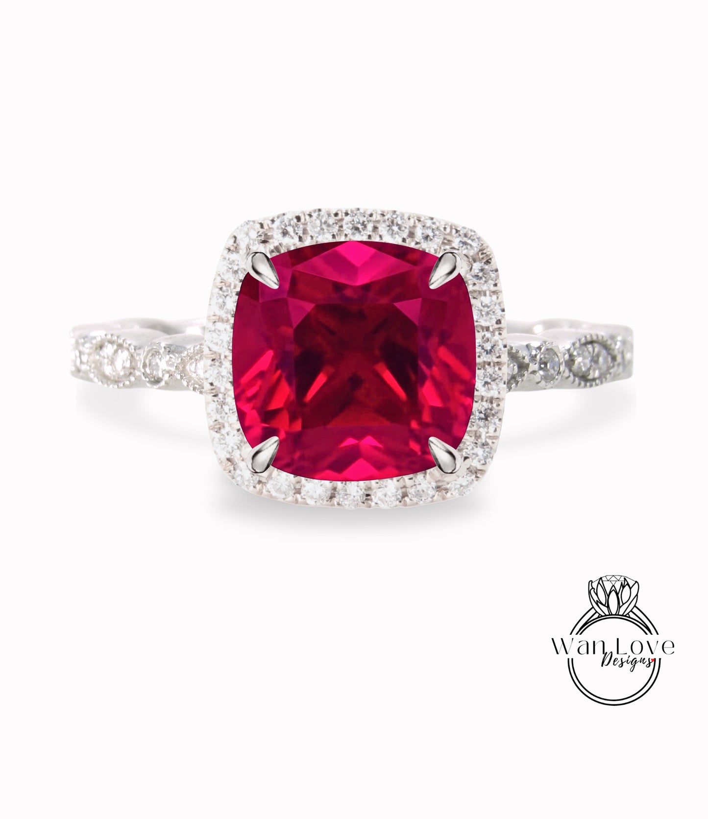 Ruby & Diamond Cushion Halo Engagement Ring, Antique style Milgrain Leaf Rose White Gold ring Custom, Bridal Wedding ring, Anniversary Gift