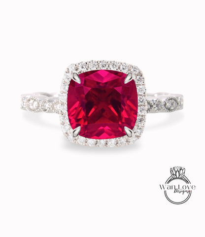 Ruby & Diamond Cushion Halo Engagement Ring, Antique style Milgrain Leaf Rose White Gold ring Custom, Bridal Wedding ring, Anniversary Gift