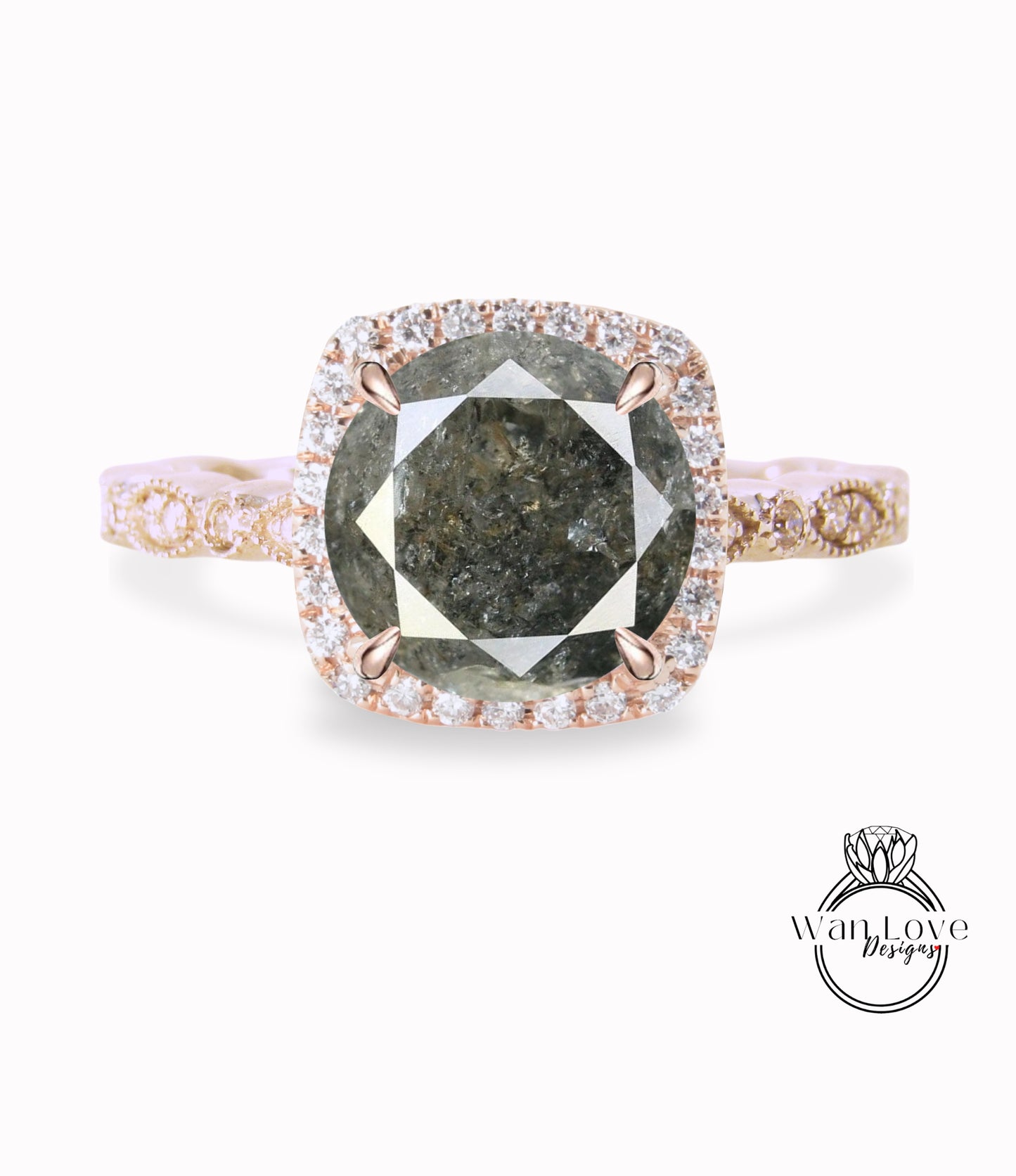 Salt & Pepper Diamond Cushion Halo Engagement Ring, Antique style Milgrain Leaf Rose White Gold ring Custom, Bridal Wedding ring, Anniversary Gift