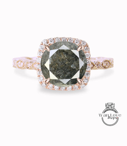 Salt & Pepper Diamond Cushion Halo Engagement Ring, Antique style Milgrain Leaf Rose White Gold ring Custom, Bridal Wedding ring, Anniversary Gift