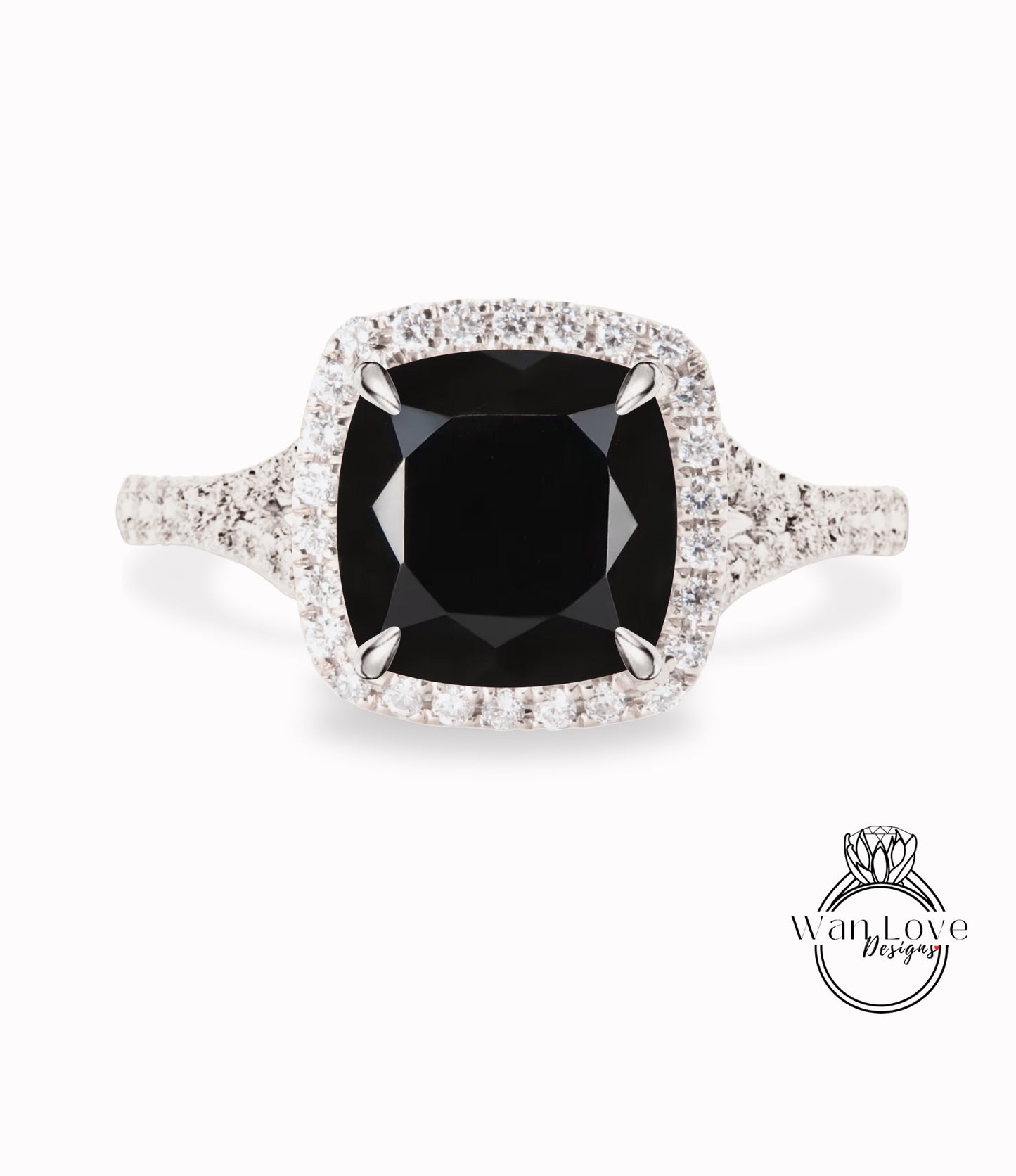 Black Spinel & Diamond Cushion Halo Split Shank engagement ring rose gold art deco bridal wedding ring Anniversary gift