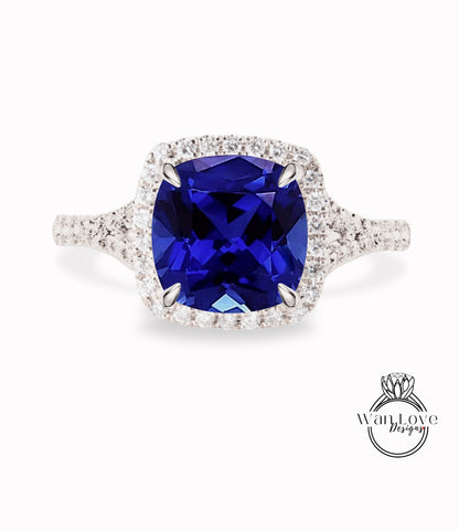 Anello di fidanzamento con zaffiro bianco, anello con alone di diamanti, cuscino in oro rosa, con diamante moissanite, anello con gambo diviso, anello art deco, anello anniversario, regalo