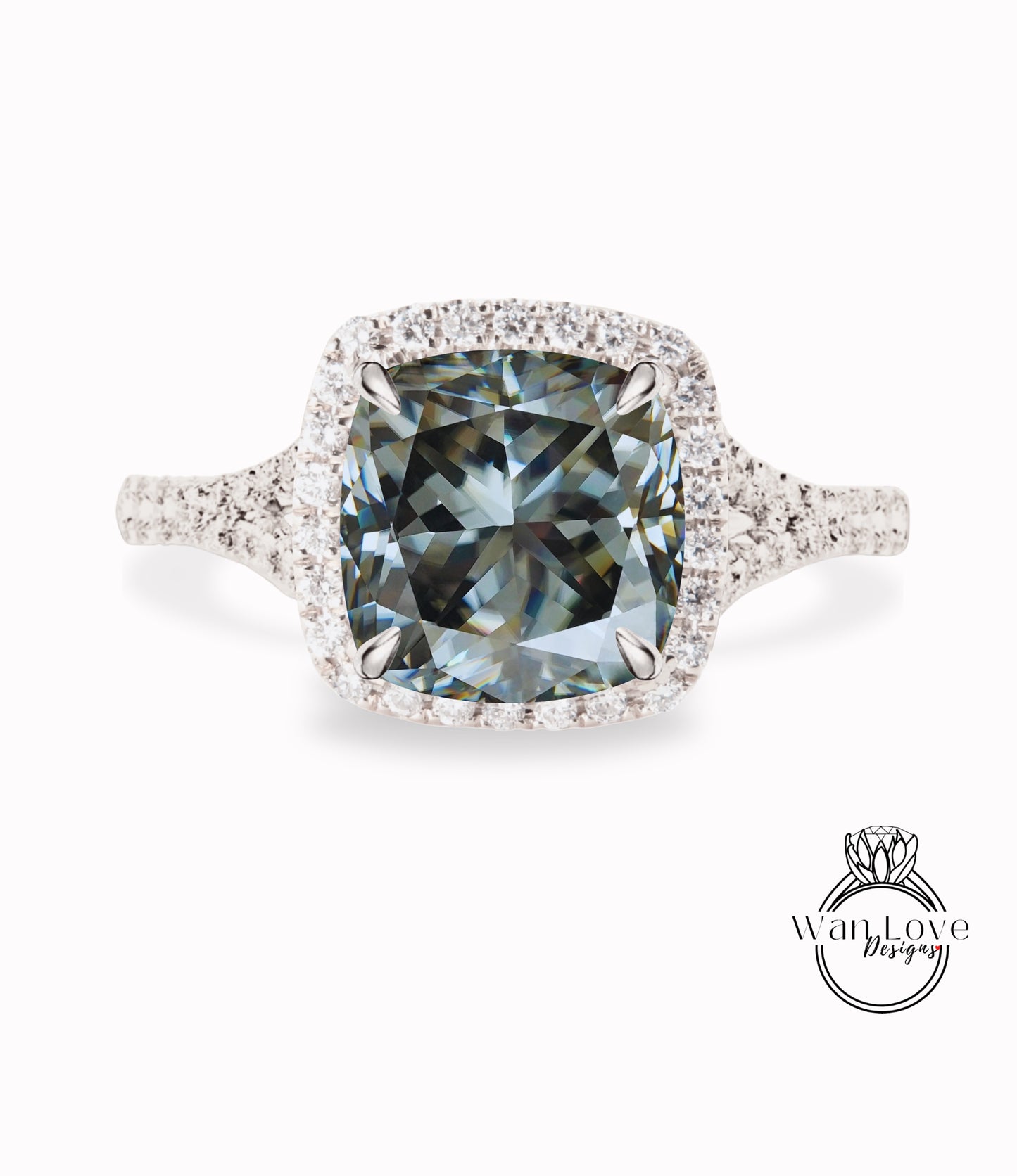 Anello di fidanzamento grigio Moissanite con diamante, anello con alone, polo in oro rosa, taglio cuscino, anello con gambo diviso, anello art deco, anello anniversario, regalo