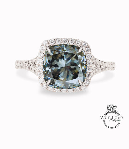Anello di fidanzamento grigio Moissanite con diamante, anello con alone, polo in oro rosa, taglio cuscino, anello con gambo diviso, anello art deco, anello anniversario, regalo