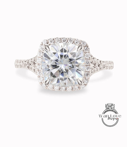 Anello di fidanzamento moissanite anello con diamante alone anello con punta cuscino taglio moissanite diamante anello con gambo diviso anello art deco anello anniversario regalo