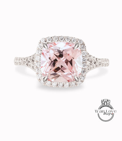 Light Pink Sapphire & Diamond Cushion Halo Split Shank engagement ring rose gold art deco bridal wedding ring Anniversary gift