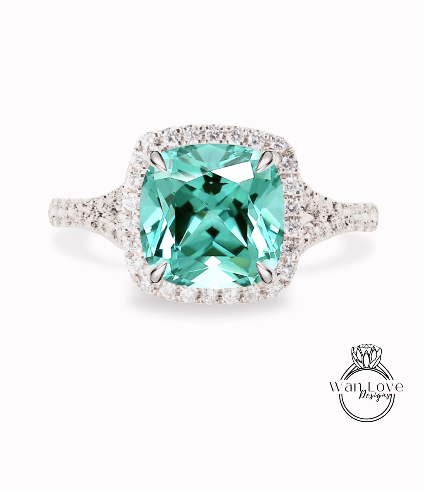 Teal Spinel & Diamond Cushion Halo Split Shank engagement ring rose gold art deco bridal wedding ring Anniversary gift
